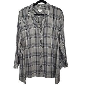 J.Jill Grey Plaid Tunic Blouse Size Large